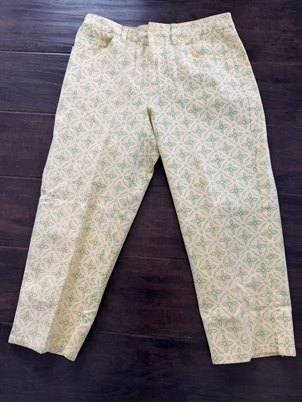 Talbots Cream Crop Pants with Mint Green Floral Geometric Print